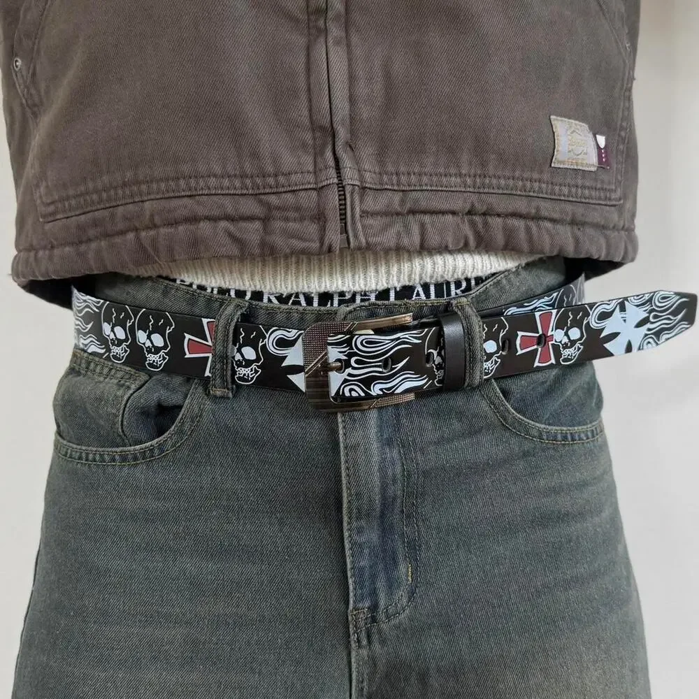 y2k style black skeleton skull goth emo black belt